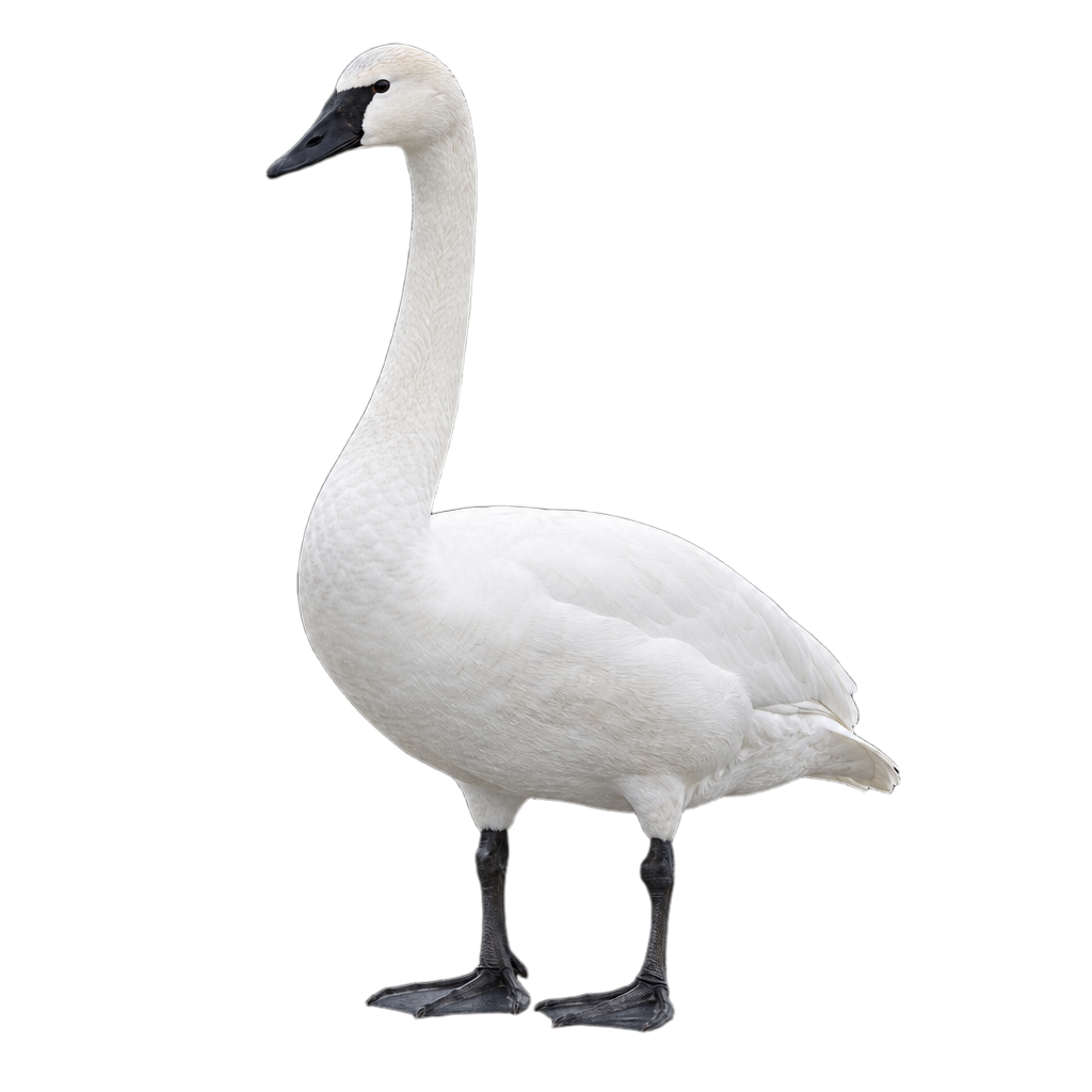 Cygne siffleur adulte au plumage entièrement blanc, au long cou droit et au bec noir marqué d'une petite tache jaune devant l'œil.