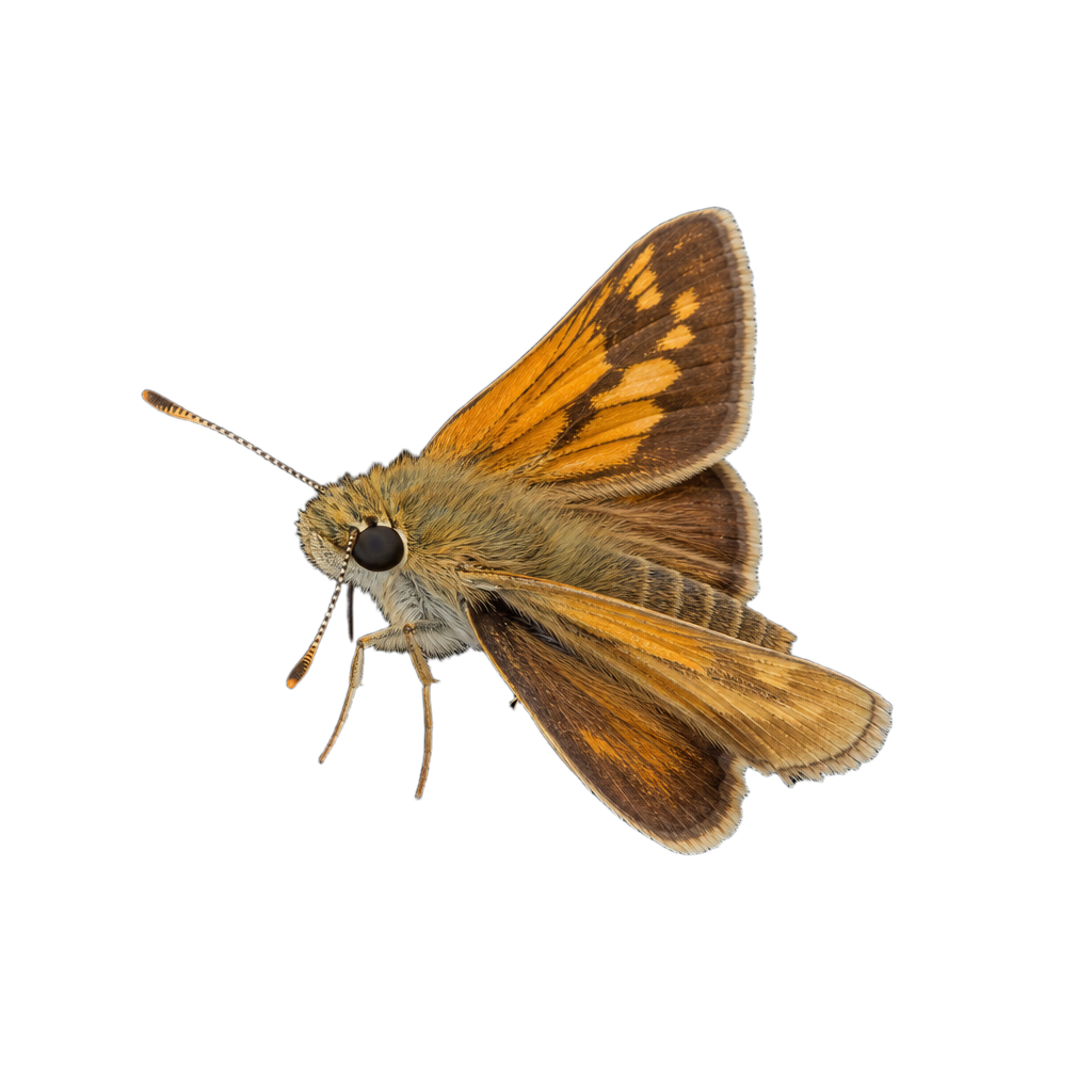 Petit papillon hespéride brun foncé orné de taches orangées disposées en damier, posé sur une tige de graminée.