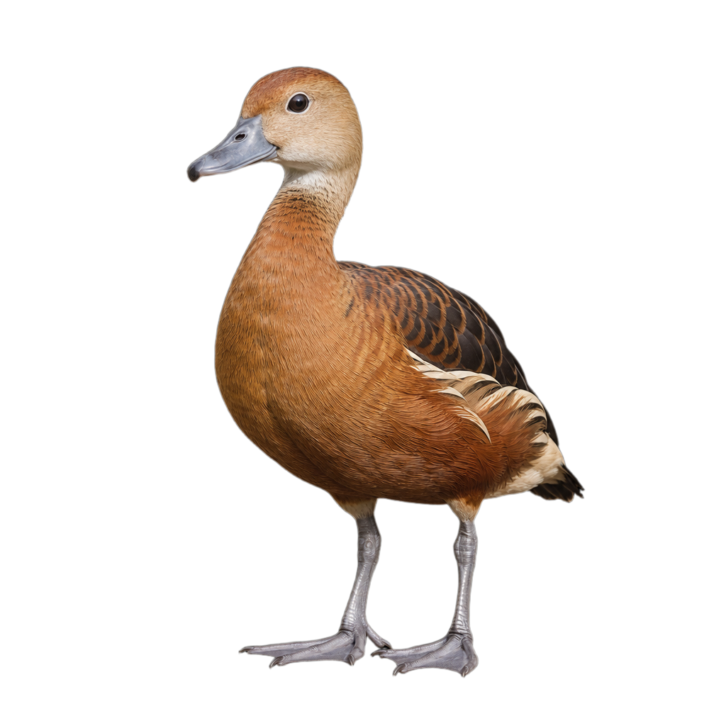 Dendrocygne fauve adulte au plumage roux fauve, au dos brun foncé et aux longues pattes gris bleuté.