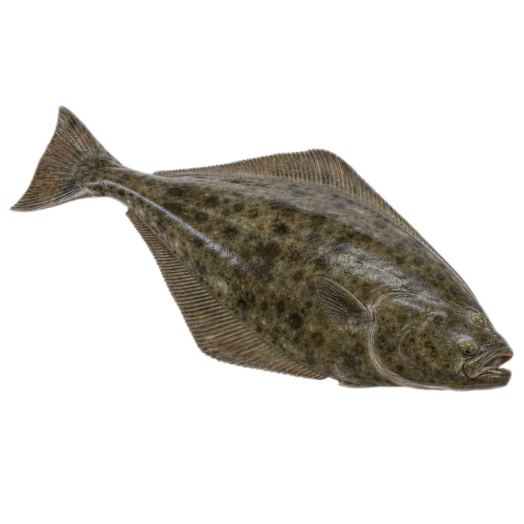 Flétan de l'Atlantique, grand poisson plat à face supérieure brun olive portant les deux yeux sur le côté droit.