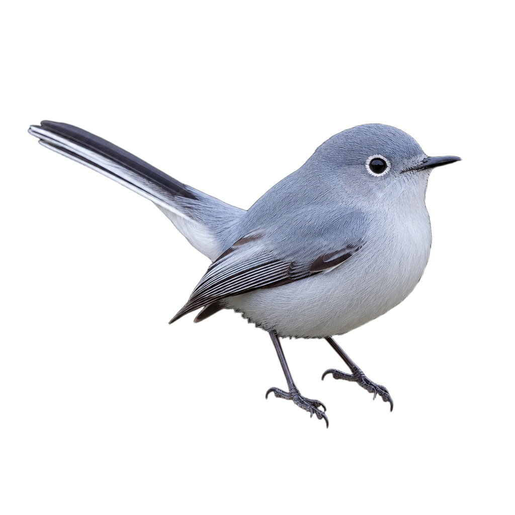 Gobemoucheron gris-bleu adulte au plumage gris bleuté, dessous pâle et longue queue noire bordée de blanc, perché sur une fine branche feuillue.
