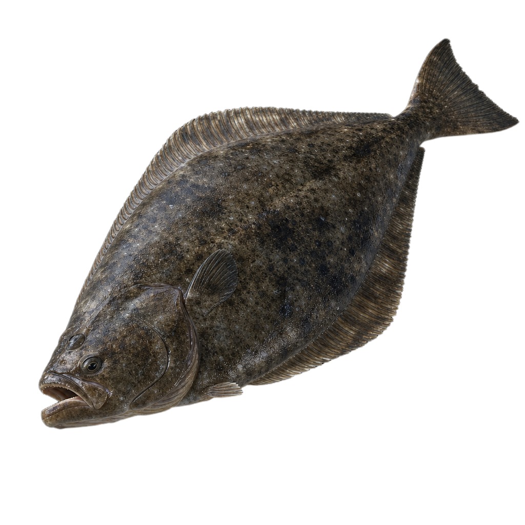 Flétan du Groenland, poisson plat allongé à la face oculaire brun foncé, aux deux yeux du côté droit et à la grande bouche dentée.