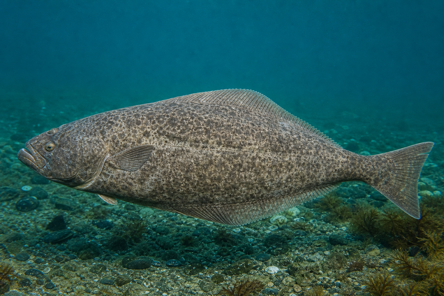 Flétan du Groenland, poisson plat allongé à la face oculaire brun foncé, aux deux yeux du côté droit et à la grande bouche dentée.