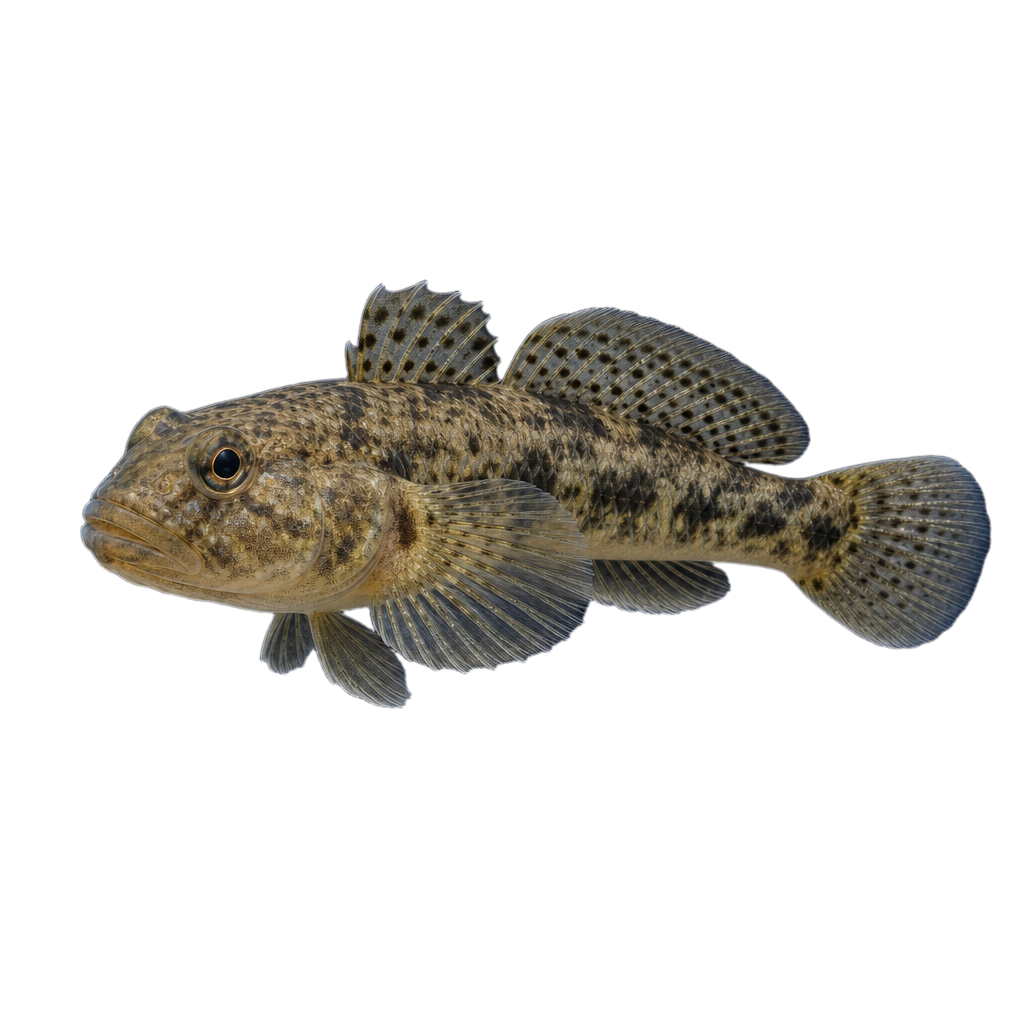 Gobie à taches noires, petit poisson benthique brun grisâtre moucheté à grosse tête, posé sur des galets en eau peu profonde.
