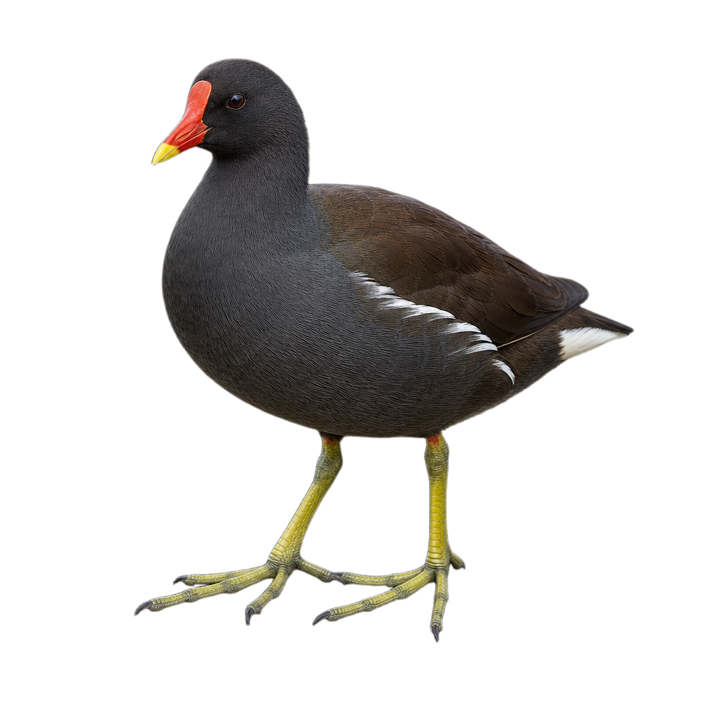 Gallinule d'Amérique adulte au plumage gris ardoise, bec rouge à pointe jaune et plaque frontale rouge.