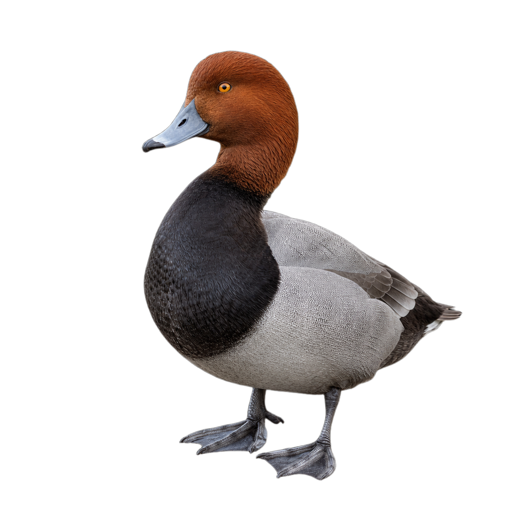 Fuligule à tête rouge mâle adulte, tête rousse cuivrée, poitrine noire et dos gris vermiculé, nageant sur une eau calme.