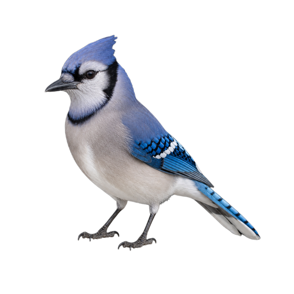 Geai bleu adulte à huppe dressée, plumage bleu barré de noir et taché de blanc, collier noir et parties inférieures gris blanchâtre.