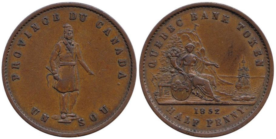 Province of Canada, 1 sous or halfpenny token, 1852