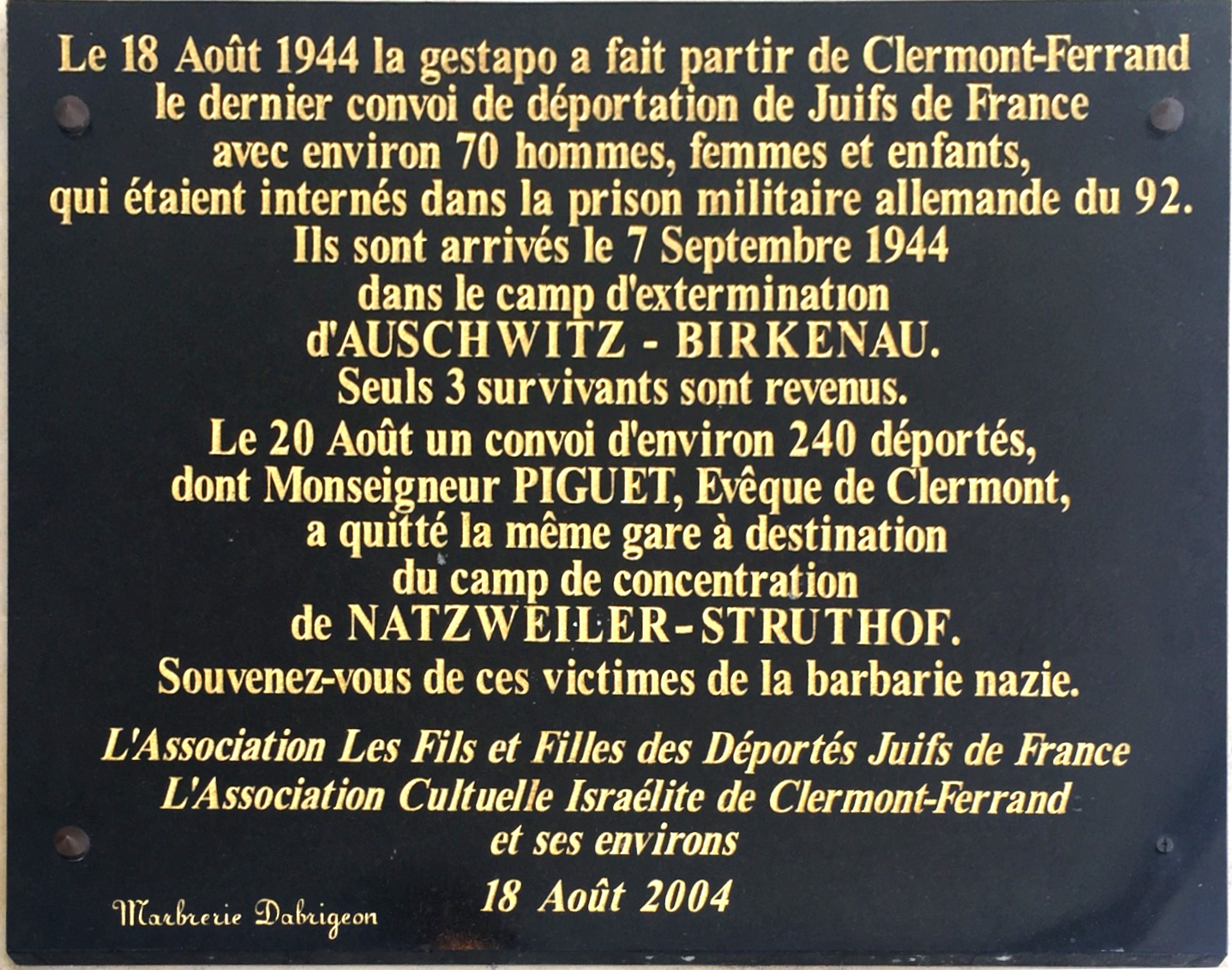 Plaque Shoah Gare de Clermont-Fd